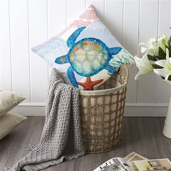 Set of 4 Ocean Theme Summer Pillow Covers 20 x 20 Inch  |  Blue Sea Turtle Beach - Picture 7 of 9